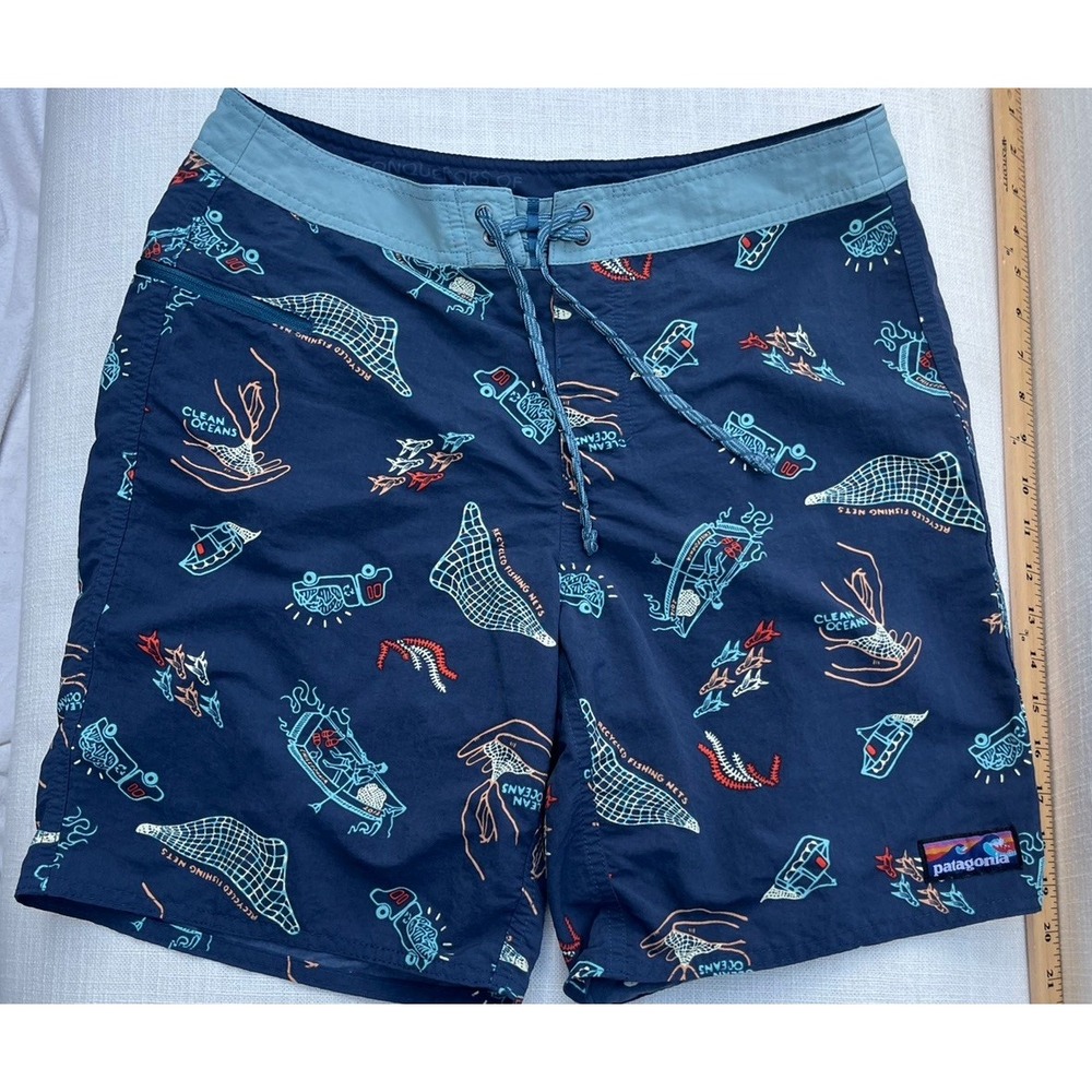 Patagonia Board Shorts Men Size 30 Blue Print Swim Suit Trunks Inseam 8"